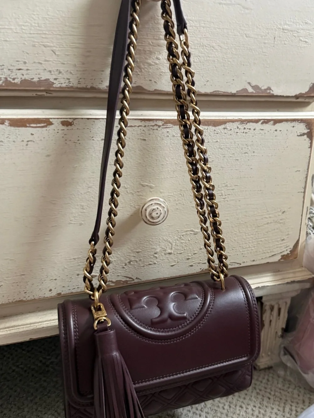 NWT Tory Burch Albarossa Fleming Small Convertible Shoulder Bag Dark Plum Wine